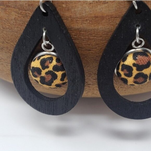 New Handmade | Leopard Tear Drop Wooden Earrings - Picture 2 of 3